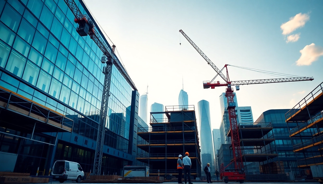 Real Estate Development showcasing a modern construction site in an urban setting with cranes and workers.