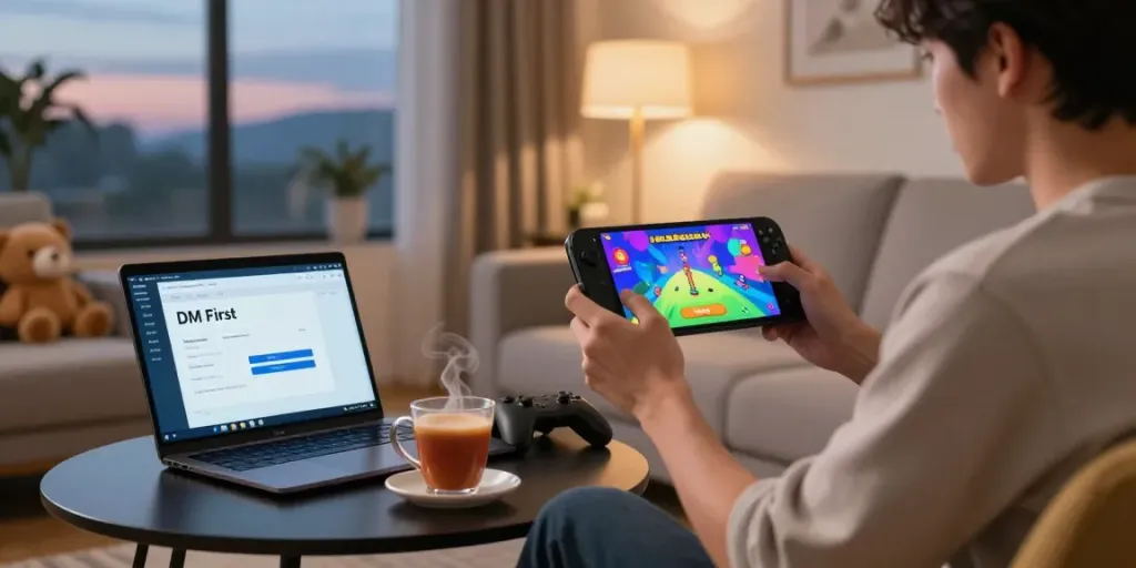 Player engaging with DM First color-prediction game on mobile in a cozy living room.