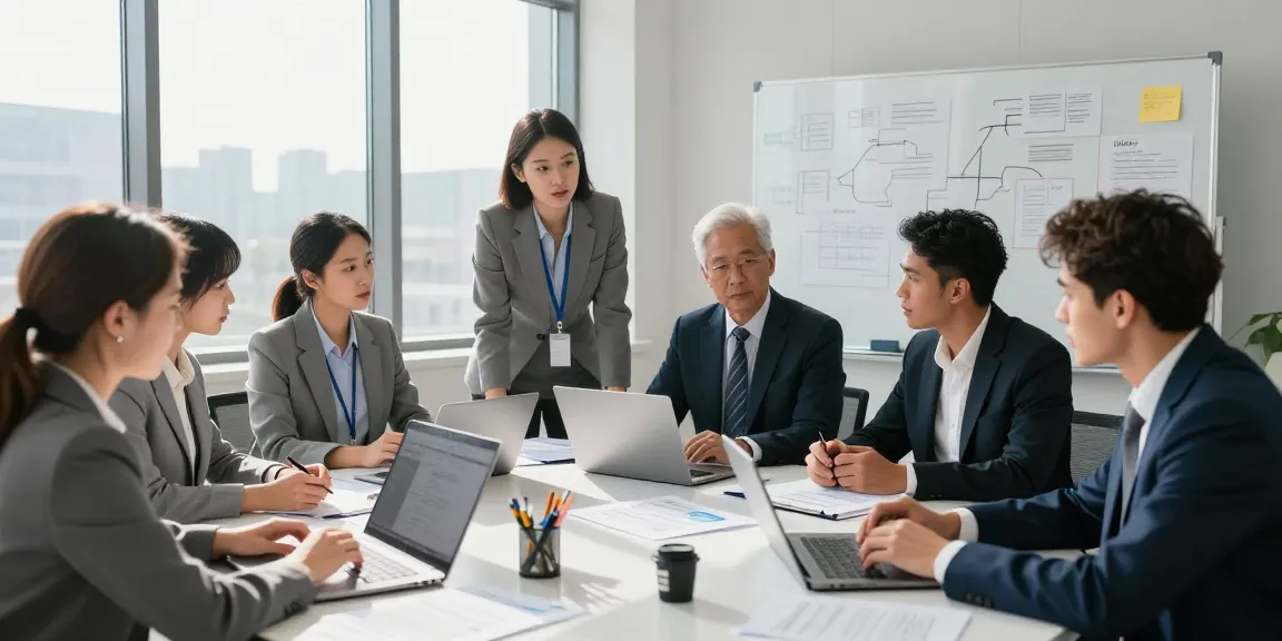Tim audit forensik AAFI KOTA BOGOR berdiskusi dengan dokumen dan laptop di ruang kantor modern.