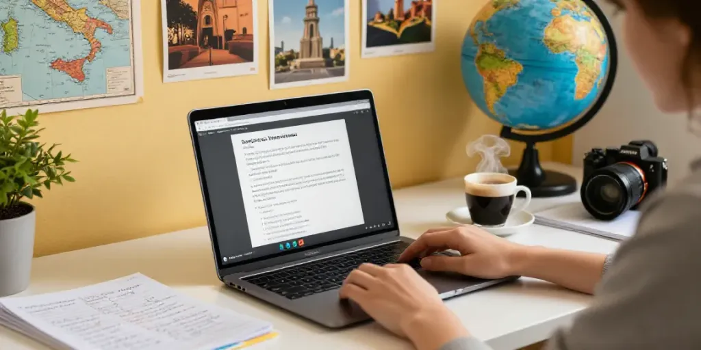 Generate Italian text with AI in a cozy study focused on language learning.