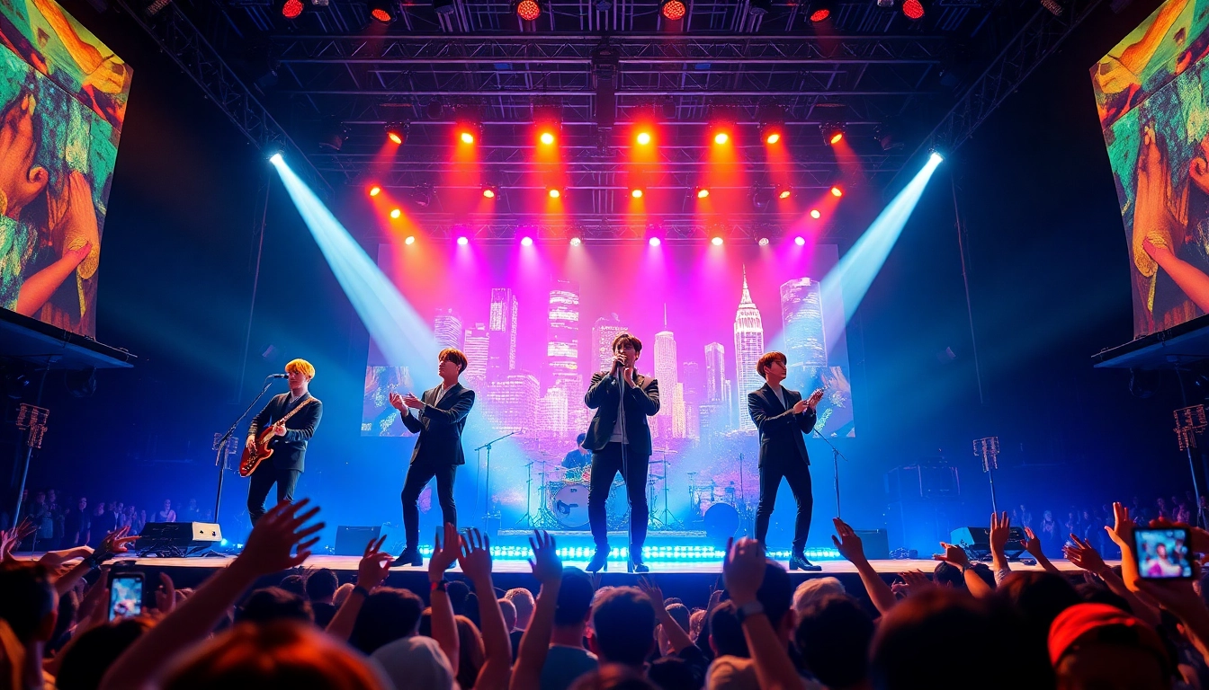 BTS news showcasing the band performing live on stage, vibrant lights, and energetic fans