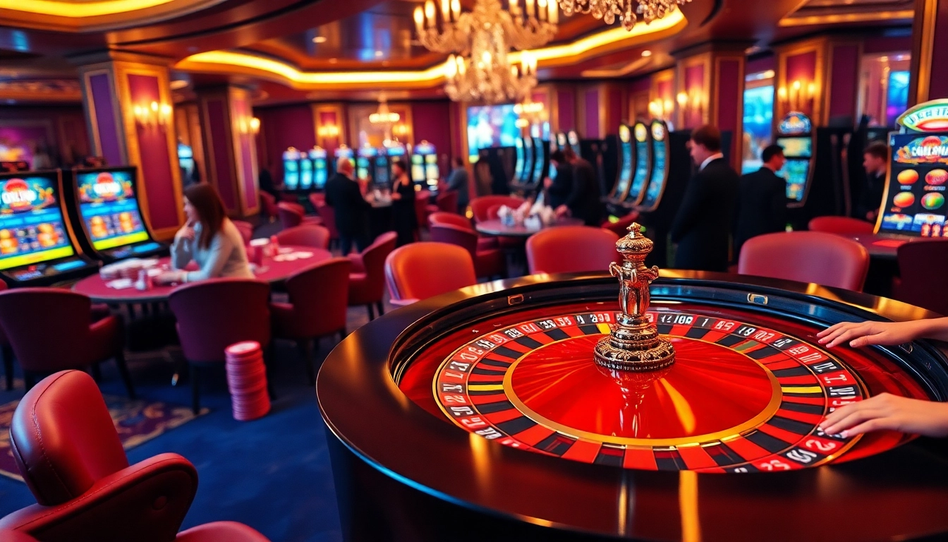 Vivez l'excitation au meilleurs casino en ligne avec une scène de casino luxueuse mettant en valeur la roulette et le poker.