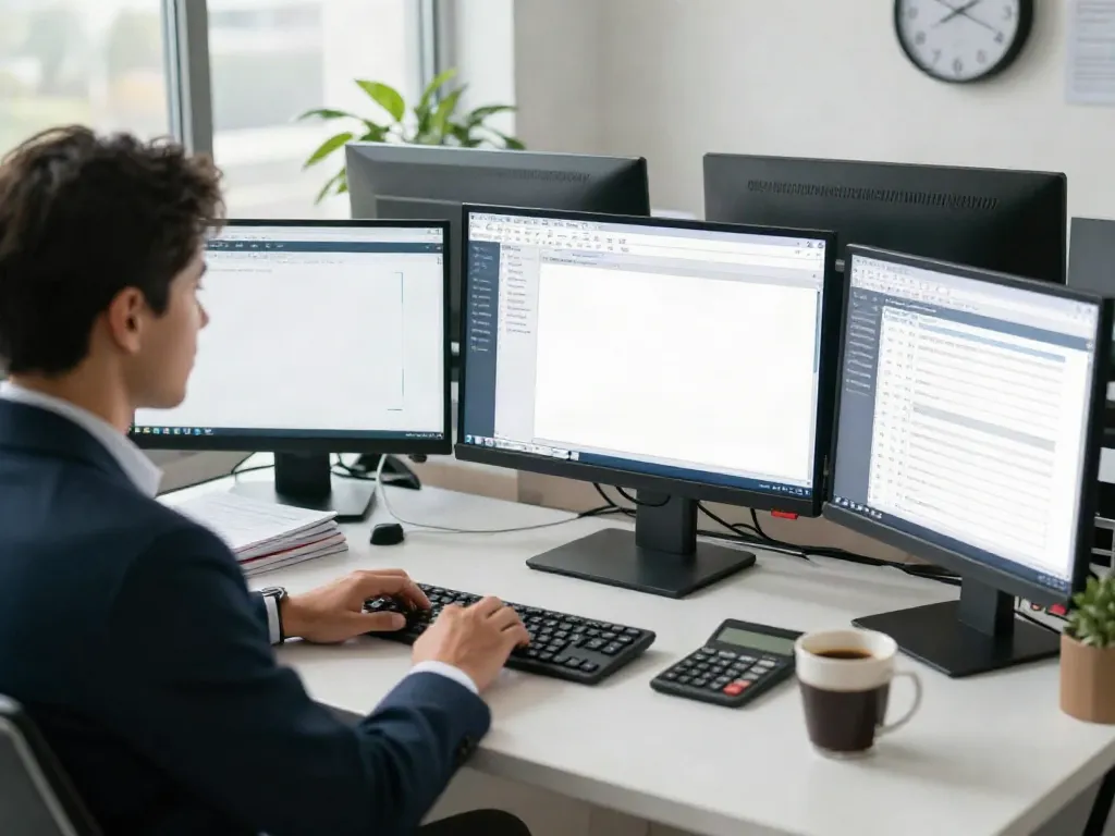 Focused tax preparer working with tax office software in a bright office.