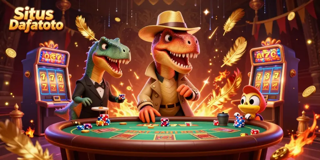 Permainan Situs Dafatoto dengan velociraptor yang menyamar di meja blackjack sambil dicurigai boss stegosaurus.