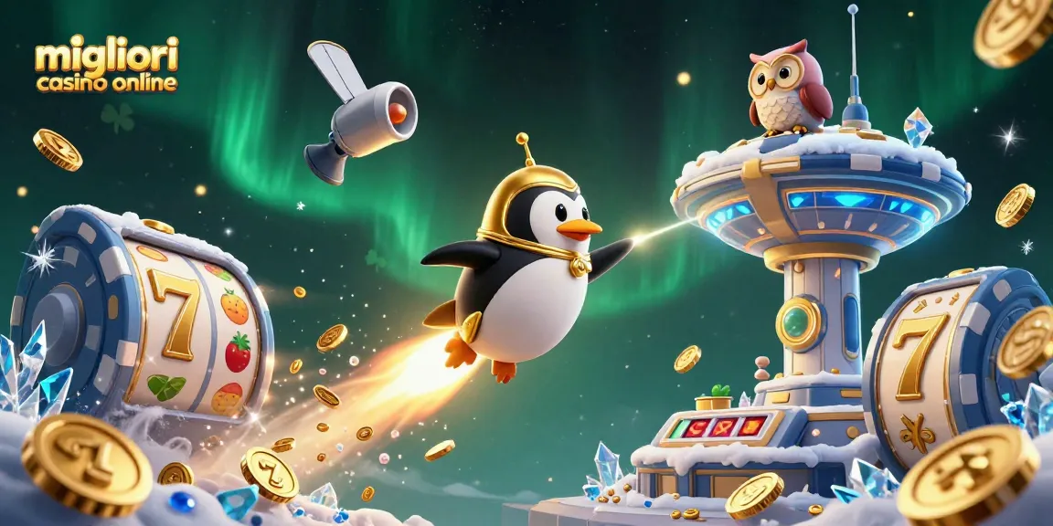 Scopri i migliori casino online con il pinguino d'oro che vola verso una stazione spaziale a tema casinò.