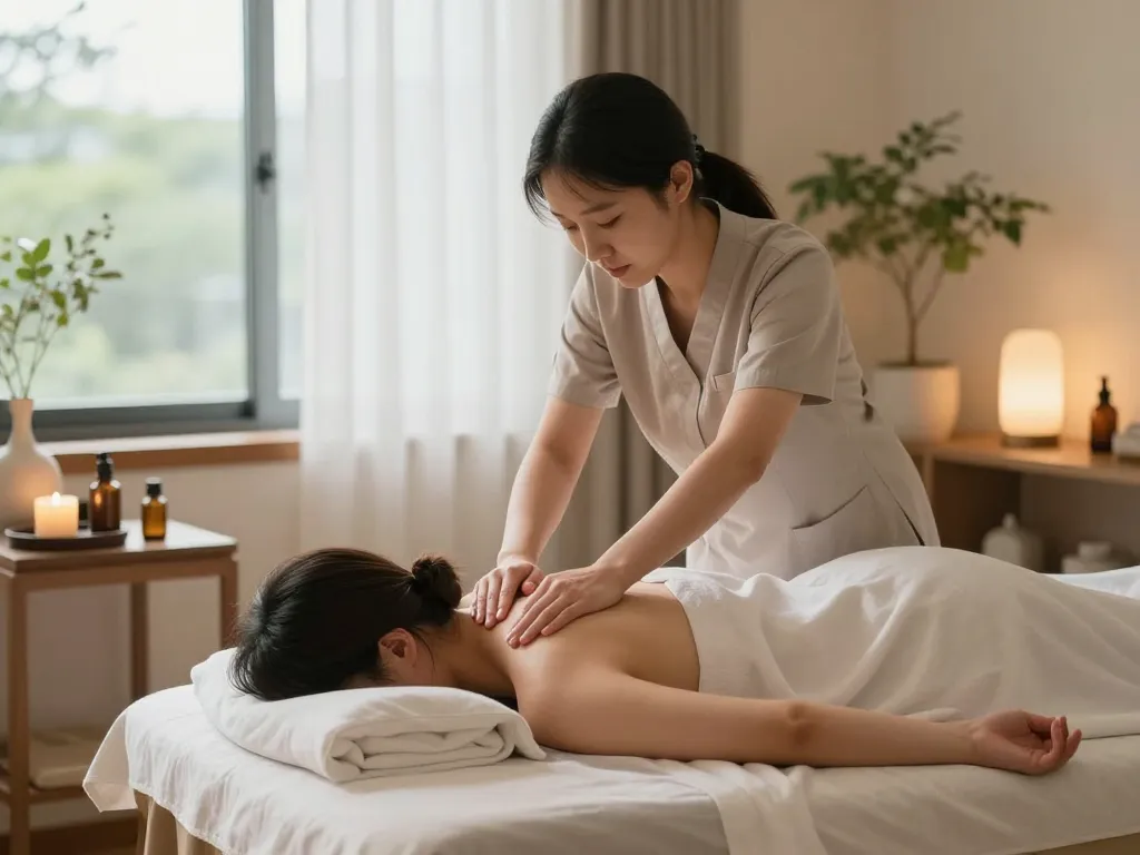 편안한 영등포출장안마 장면, 전문 마사지 치료사가 평화로운 가정 환경에서 편안한 서비스를 제공하는 모습.