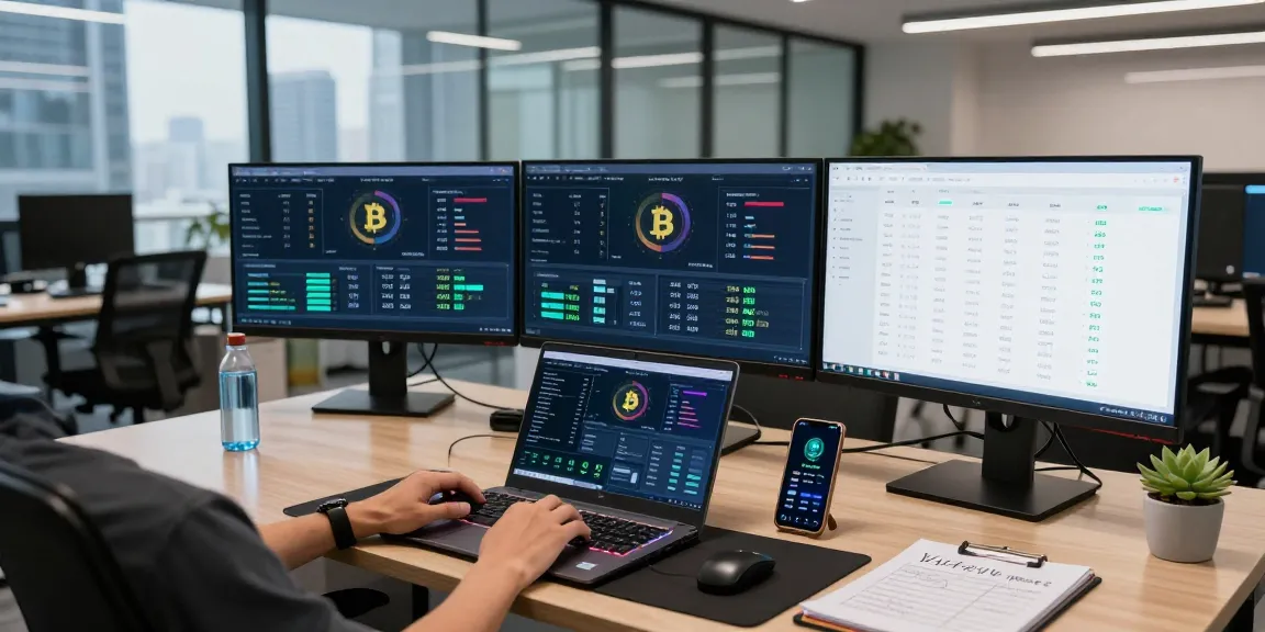 Bitcoin mining service setup with real-time monitoring, crypto wallet tracking, and professional trading tools in modern office.