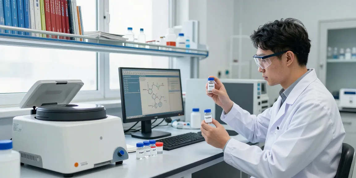 Technician analyzing SwissChems research-grade peptides in a modern lab setting.