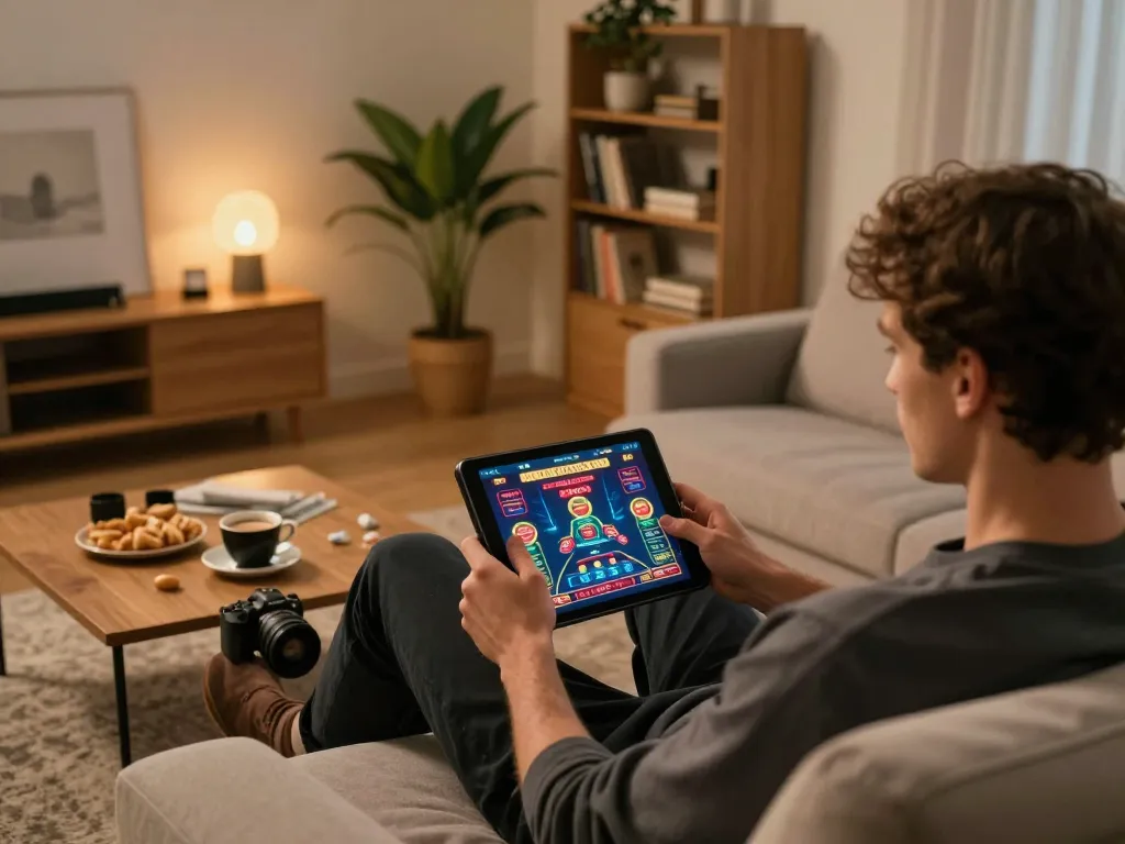Player engaged in online casino non aams europei using a tablet in a cozy home environment.