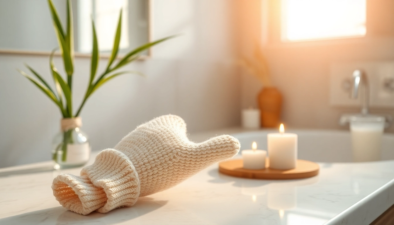 Using a hand loofah glove to exfoliate skin in a serene spa setting.