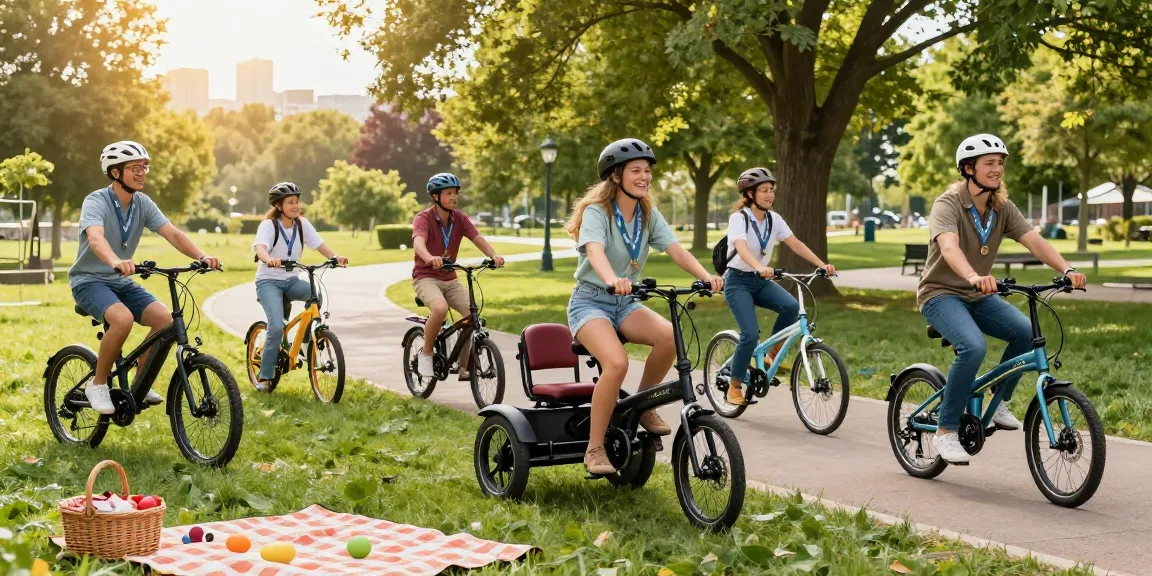 Enjoying the best electric tricycles in a sunny park with friends and family, showcasing Scout models.