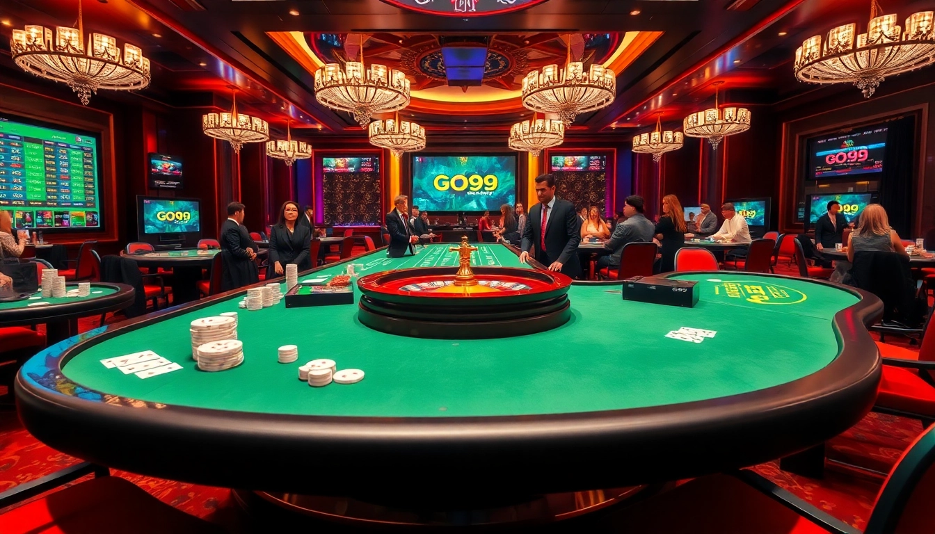 Exciting gambling action at Nhà Cái GO99 with a vibrant casino environment and engaging dealers.