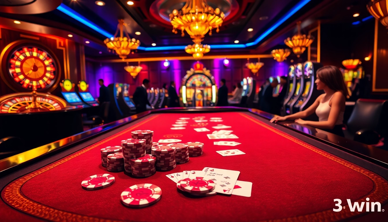Players enjoy high-stakes gambling at 33win's luxurious casino, featuring vibrant poker chips and classic tables.