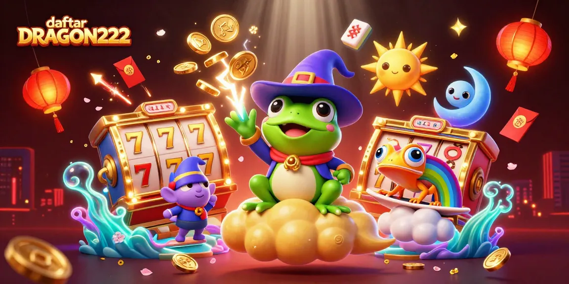 Experience the thrill of daftar DRAGON222 with a magical 3D illustration featuring lucky symbols and vibrant characters.