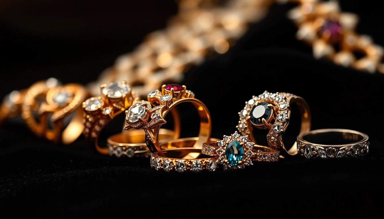 Showcase of beautiful luxury rings featuring intricate designs and sparkling gemstones.