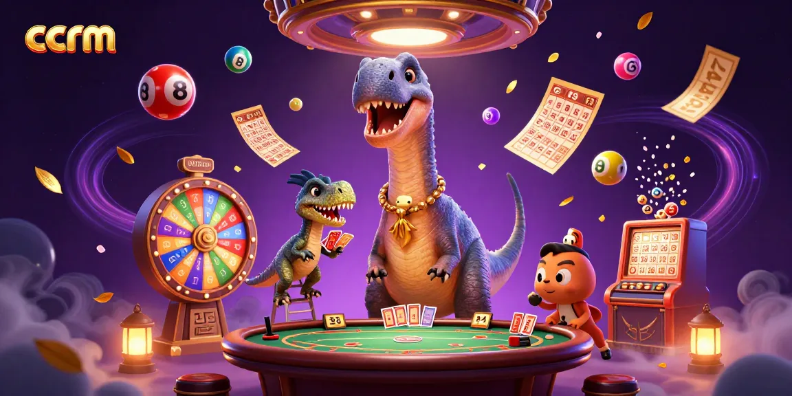 ccrm showcases a vibrant casino scene with a giant brontosaurus overseeing a poker table.