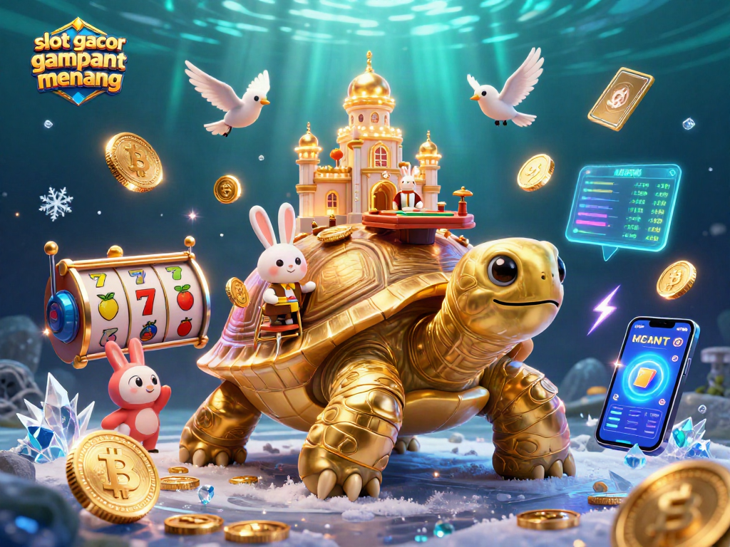 Engage in slot gacor gampang menang with a vibrant 3D casino scene featuring a tortoise and rabbit dealer.