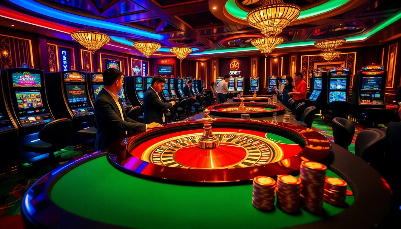 The exhilarating atmosphere of a modern casino featuring 8KBET.com, showcasing roulette tables, poker chips, and vibrant slot machines.