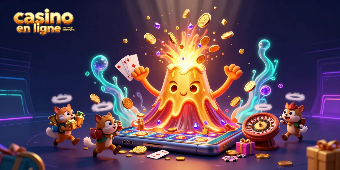 Jeux de casino en ligne avec retrait immédiat illustré par un volcan d'or et animaux exploreurs fuyant avec des trésors.