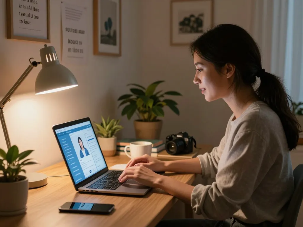Young woman connecting with ai gf in a cozy home office.