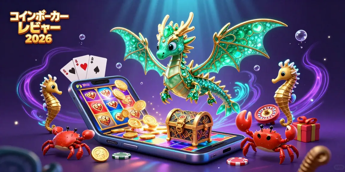 コインポーカー レビュー 2026では、エメラルドと金の海竜がスロットゲームを最前面に彩り、魅力的なパチスロの世界を演出します。