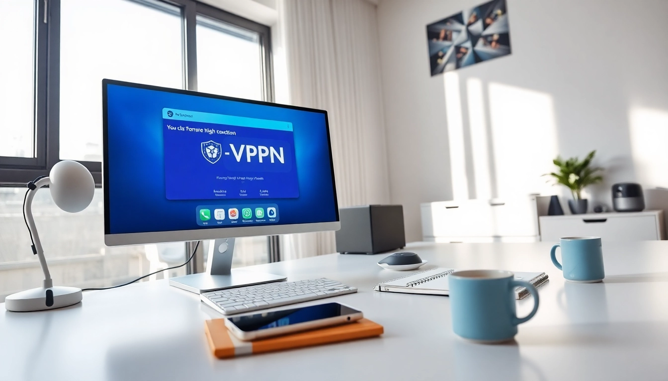 时尚工作区电脑上的快连VPN界面，展示用户友好功能和多设备支持。