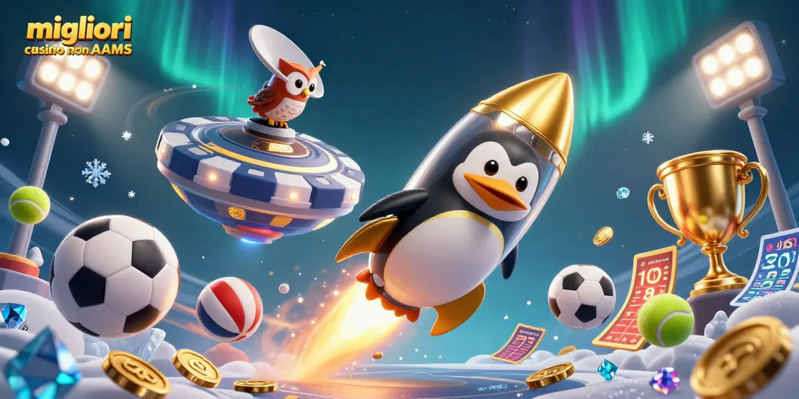 Scopri i migliori casino non AAMS con questa illustrazione vivace di un pinguino dorato nello spazio.