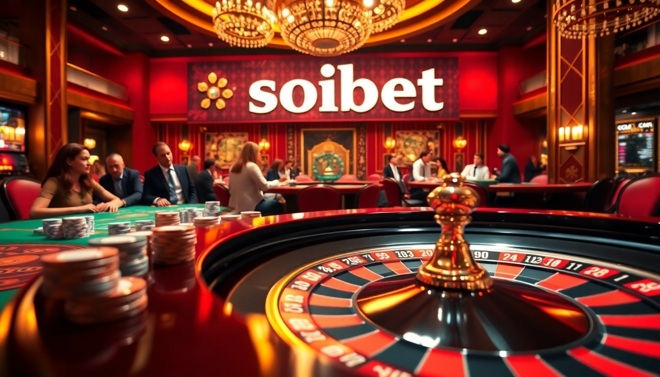 Engaging scene of players at a luxury casino showcasing เว็บตรง soibet with vibrant roulette action.