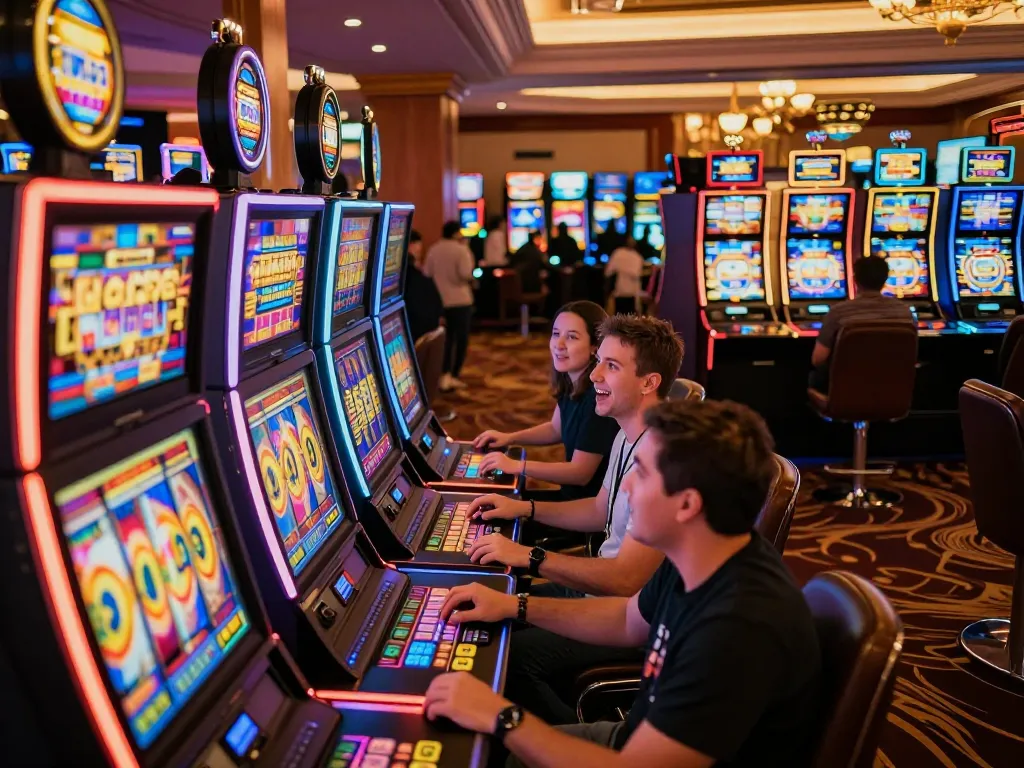 Pemain menikmati mesin slot yang menarik di suasana kasino yang hidup, menampilkan gameplay yang mendebarkan