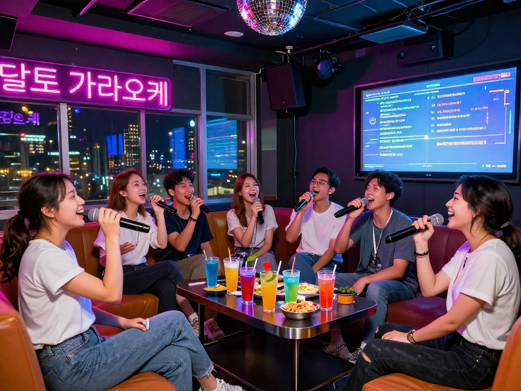 달토 가라오케에서 친구들이 즐겁게 노래하는 장면