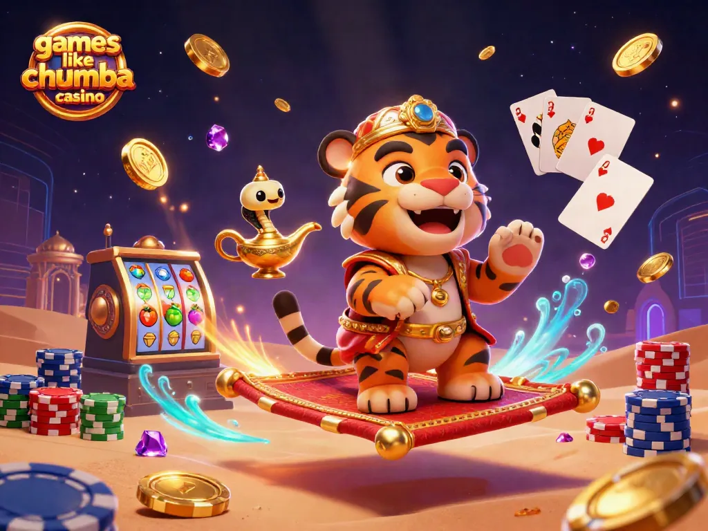 Experience games like Chumba Casino with vibrant cards, coins, and a magical sultan in a dazzling 3D scene.