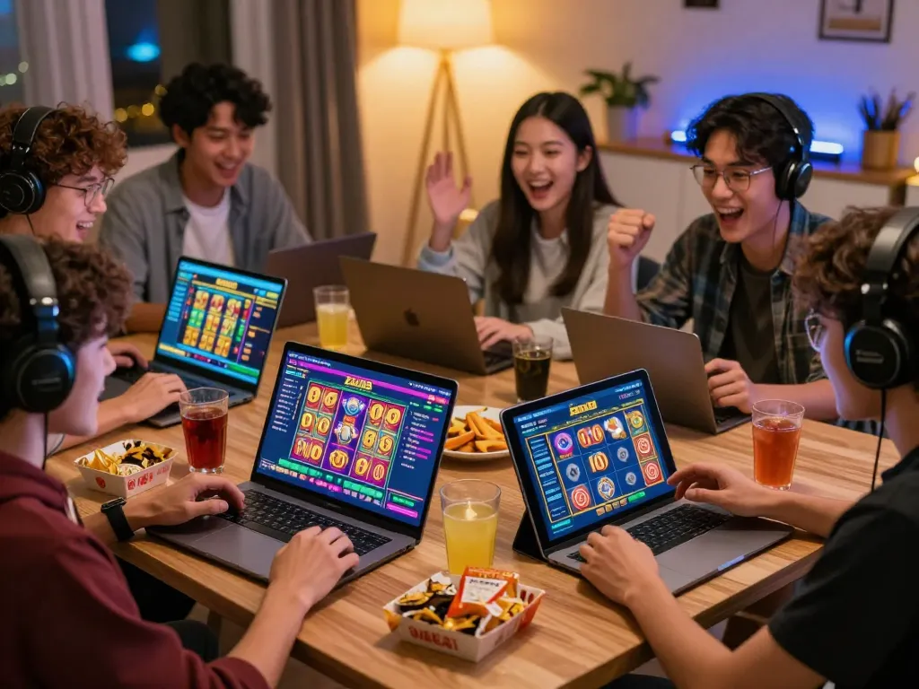 Exciting group of players enjoying Zeus138 online slot games on laptops, showcasing vibrant graphics and cozy gaming atmosphere.