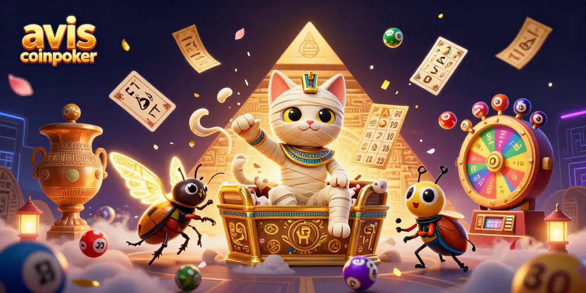 Découvrez les avis CoinPoker avec un chat momie égyptien et des éléments de jeux vibrants.
