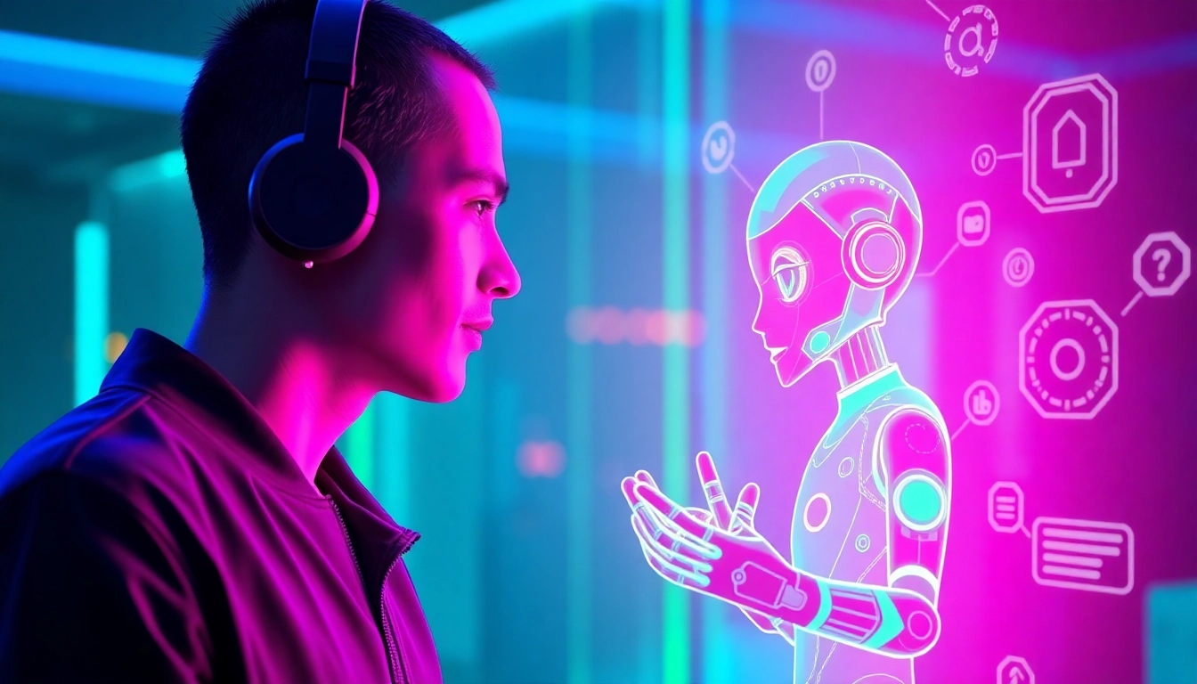 Engaging interaction with an NSFW AI chatbot in a vibrant, futuristic setting.