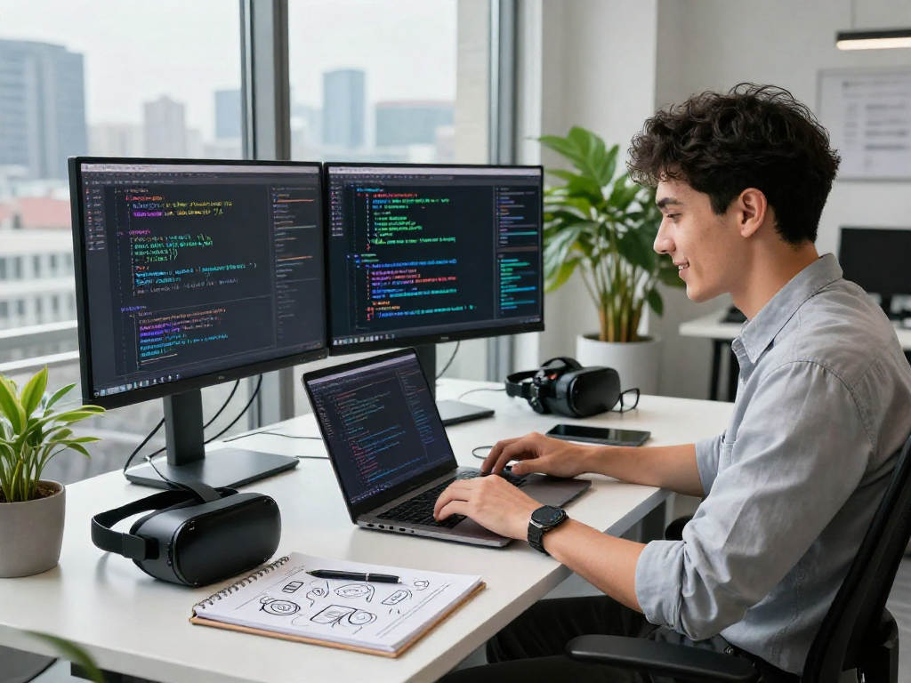 Excited professional demonstrating how to crush on AI while coding in a modern tech workspace
