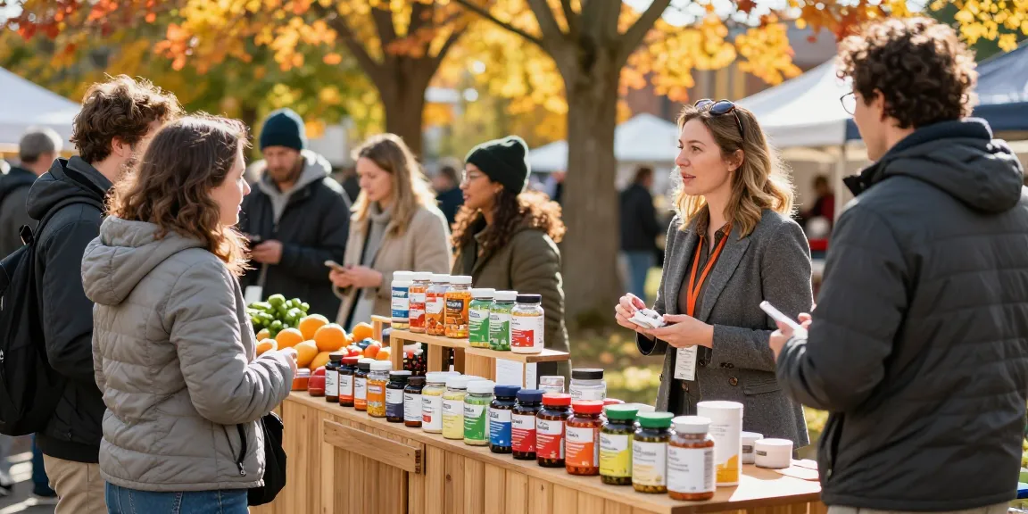 Made in Canada supplements featured in a vibrant outdoor market, showcasing local health products and community engagement.