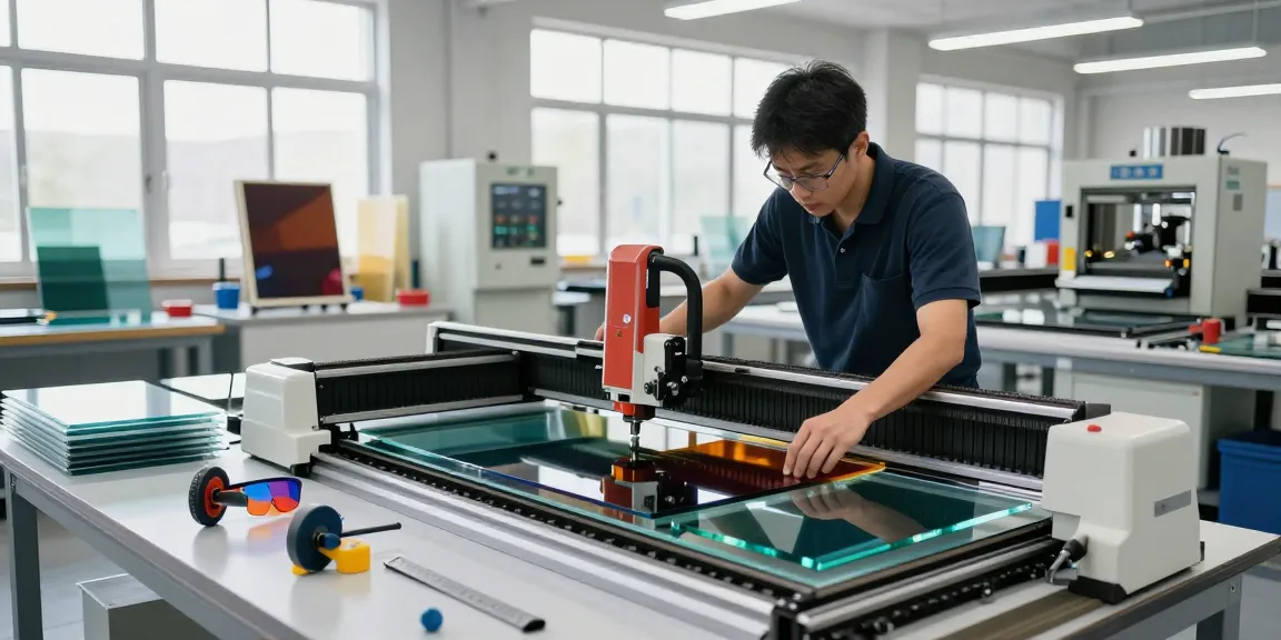 Technician operating a glass cutting machine in a high-tech workshop, showcasing precision and efficiency in glass processing.