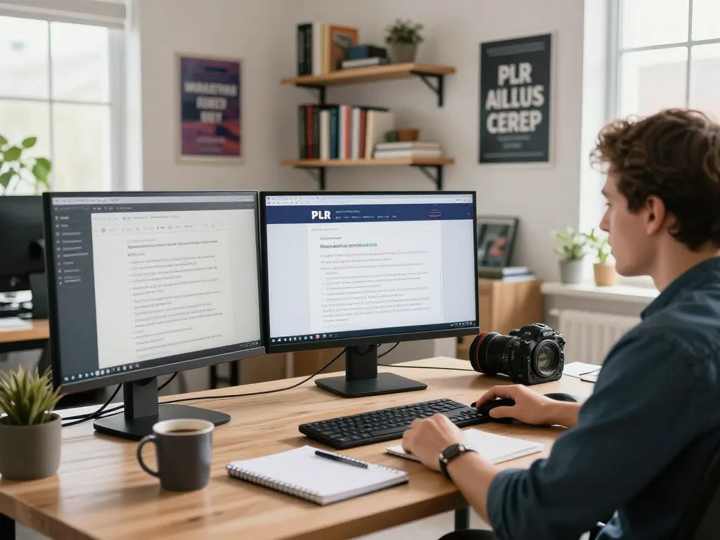 Purchase PLR Content in a creative workspace with a content creator surrounded by marketing materials.