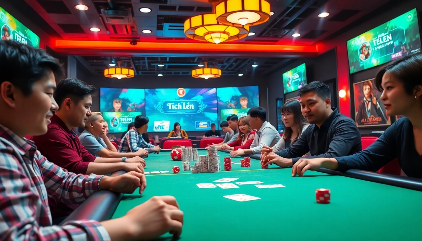 Engaging online gaming scene representing gamebaidoithuong.com.vc with players enjoying card games.
