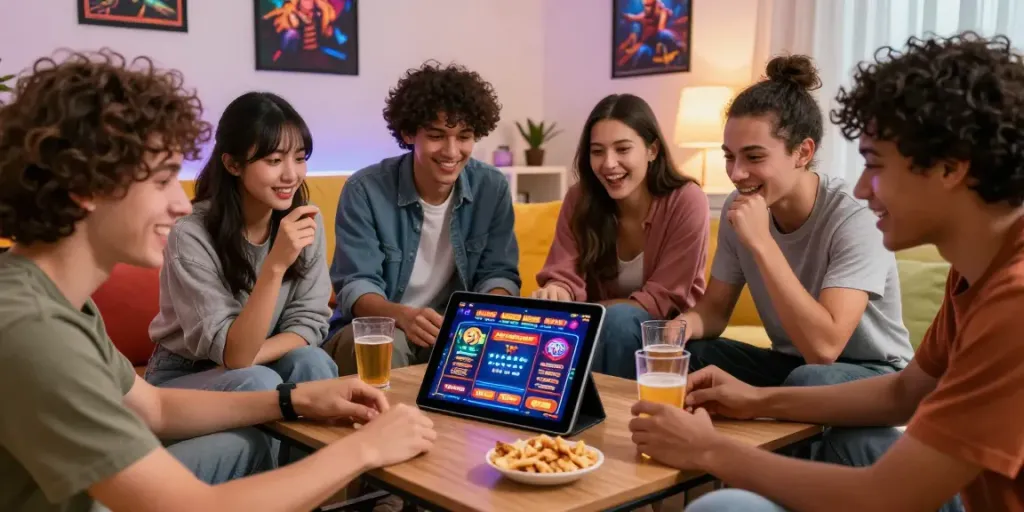 Friends enjoying games at non GamStop casinos in a cozy living room