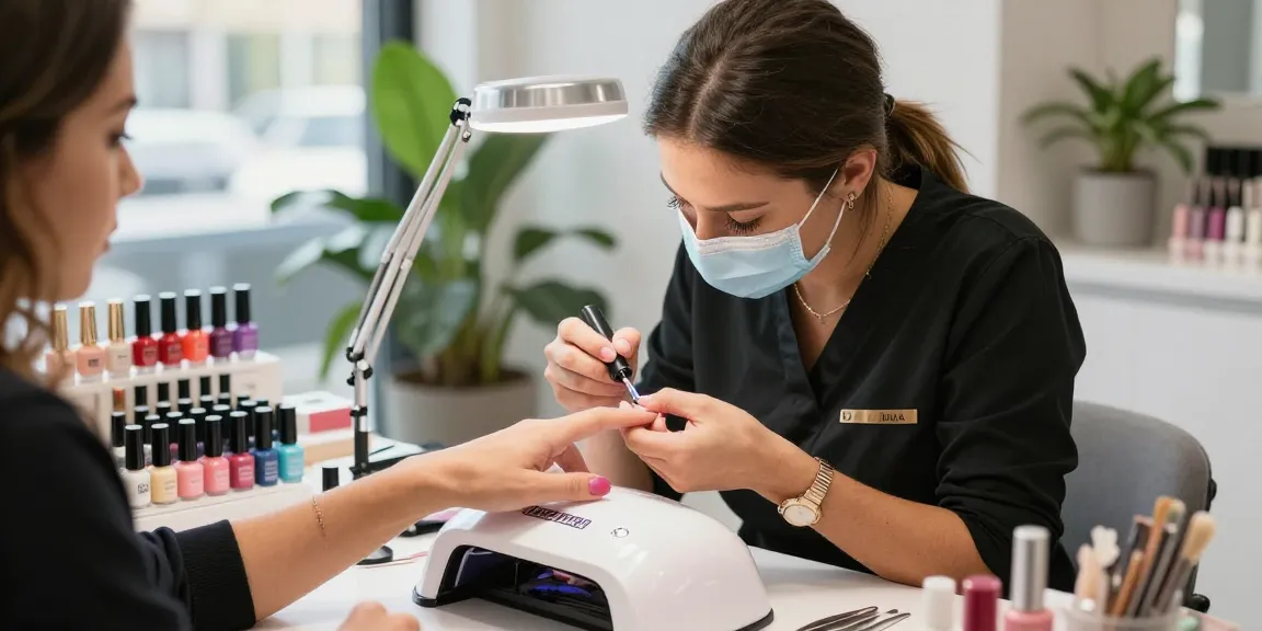 Aplicând oja semipermanentă într-un salon modern, evidențiind culorile vibrante și uneltele pentru îngrijirea unghiilor.