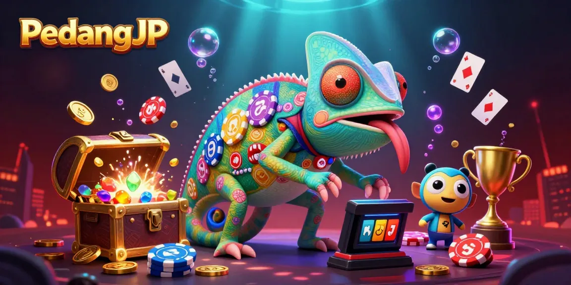 Permainan slot di PedangJP dengan chameleon pemilik kasino dan simbol jackpot yang ceria.
