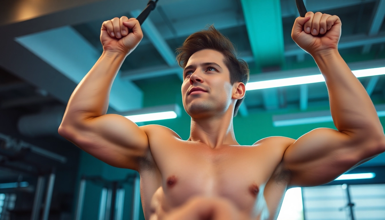 Fitness enthusiast performing assisted pull-up bands workout in a modern gym.