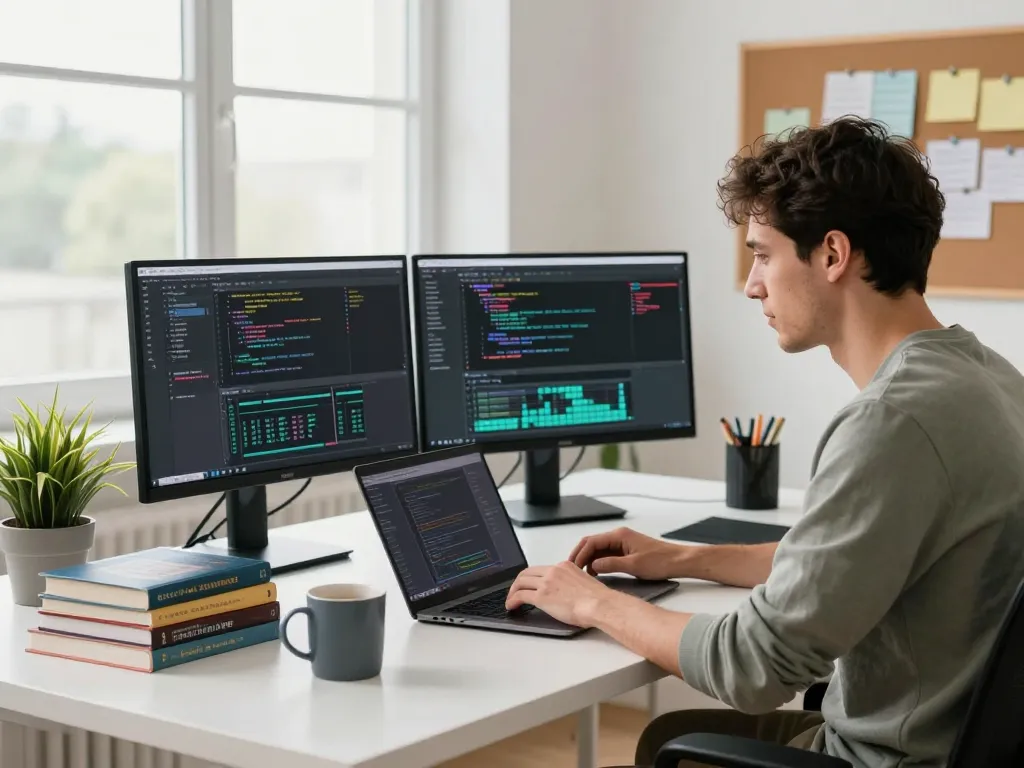 Moltbot developer coding in a bright workspace with dual monitors and natural light.
