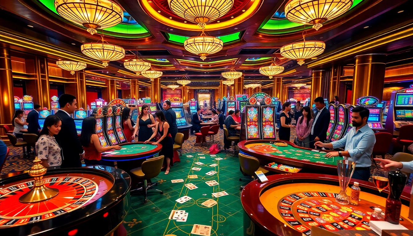 A lively casino scene showcasing rich colors and gaming excitement at rikvip.gb.net with players at various tables.