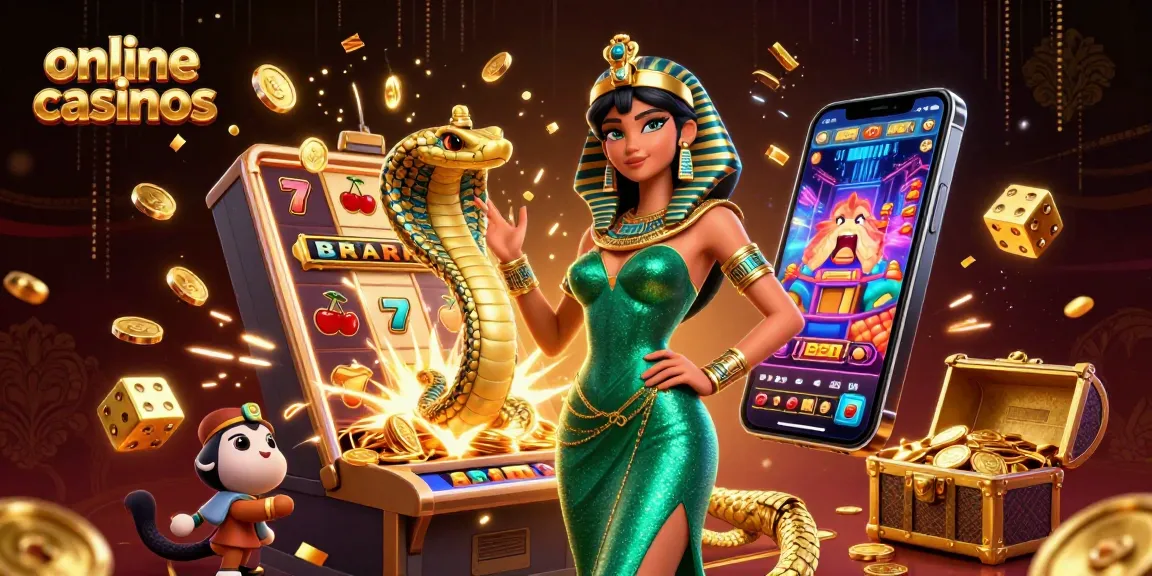 Experience thrilling online casinos with this vibrant 3D illustration showcasing slot machines and dazzling elements.