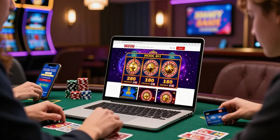 Dynamic view of credit card casinos not on gamstop with enthusiastic players enjoying online games in a vibrant casino lounge setting.