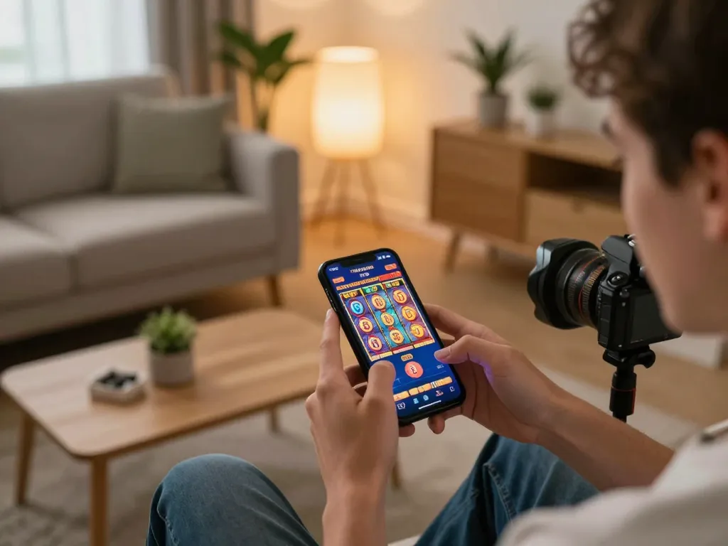 Bermain game mobile di rumah dengan mau777 daftar, menampilkan aksi permainan slot yang berwarna-warni dan suasana yang mengundang