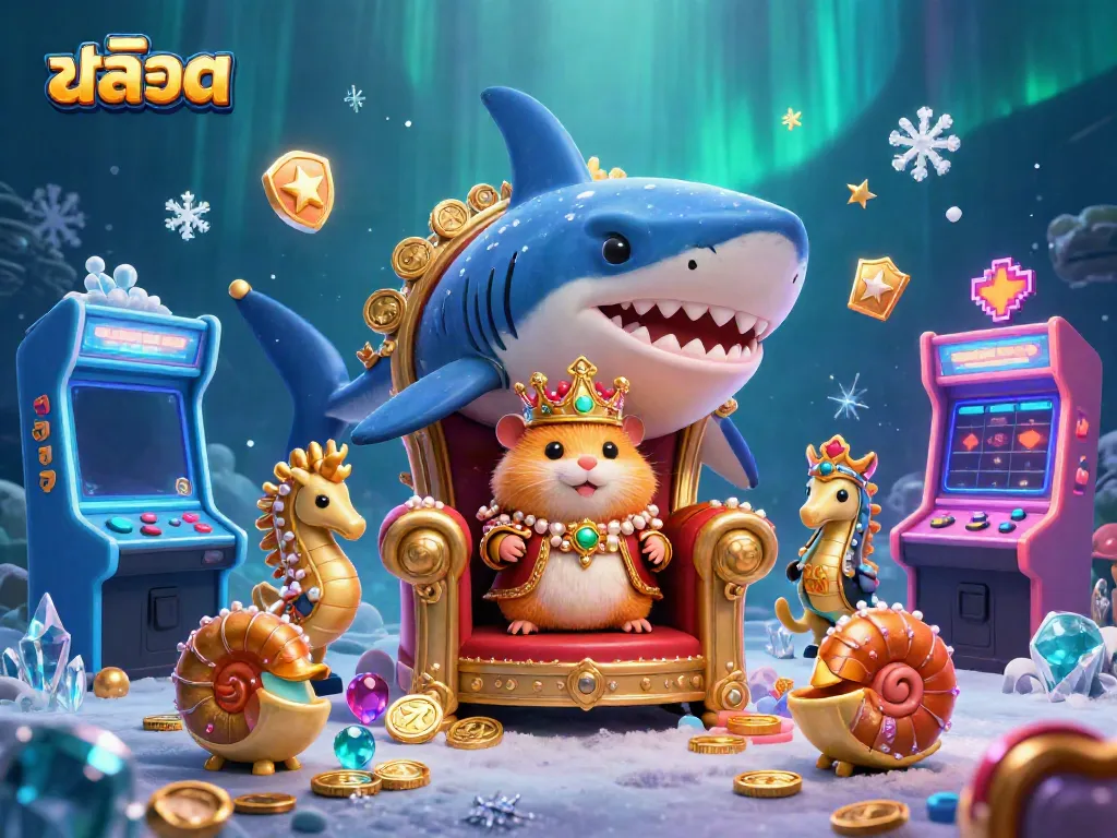 Spin thrilling สล็อต reels with a fierce golden hamster king and his royal seahorse guards in a vibrant gaming scene.