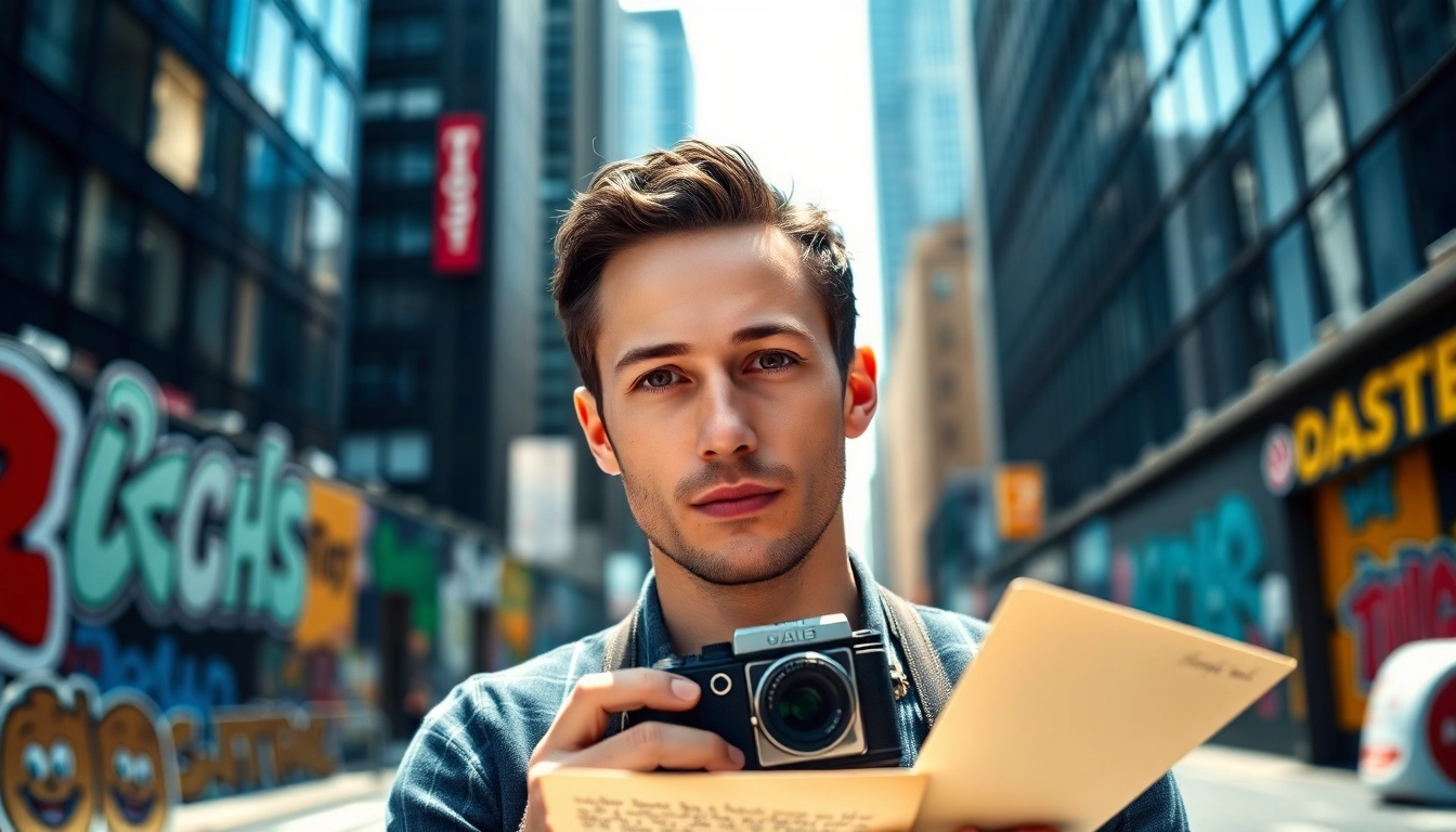 Joseph Gordon-Levitt capturing moments in an urban setting with a vintage camera.